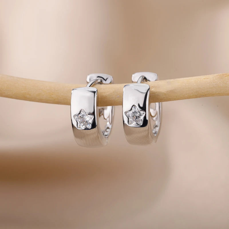 Women's Zircon Star Huggie Hoop Earrings in Gold Stainless Steel
