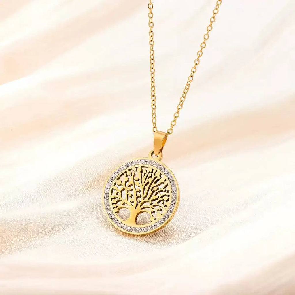Skyrim Tree of Life Necklace for WomenStainless Steel Gold Color Clear ZirconRound Pendant Neck Chains LuxuryWedding Gift