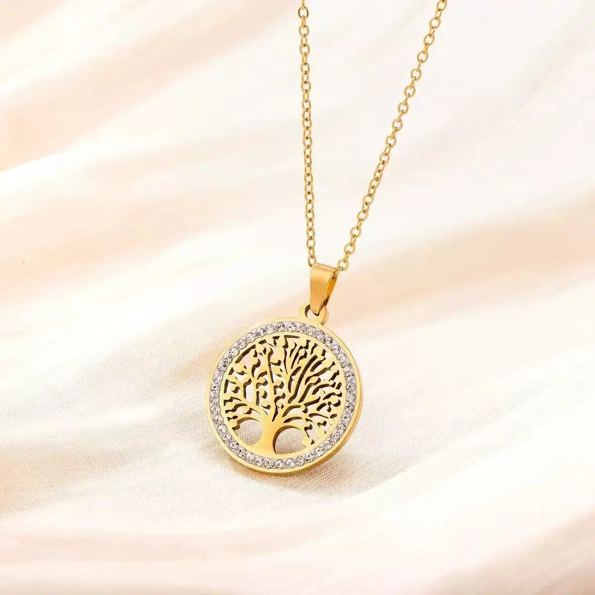 Skyrim Tree of Life Necklace for WomenStainless Steel Gold Color Clear ZirconRound Pendant Neck Chains LuxuryWedding Gift
