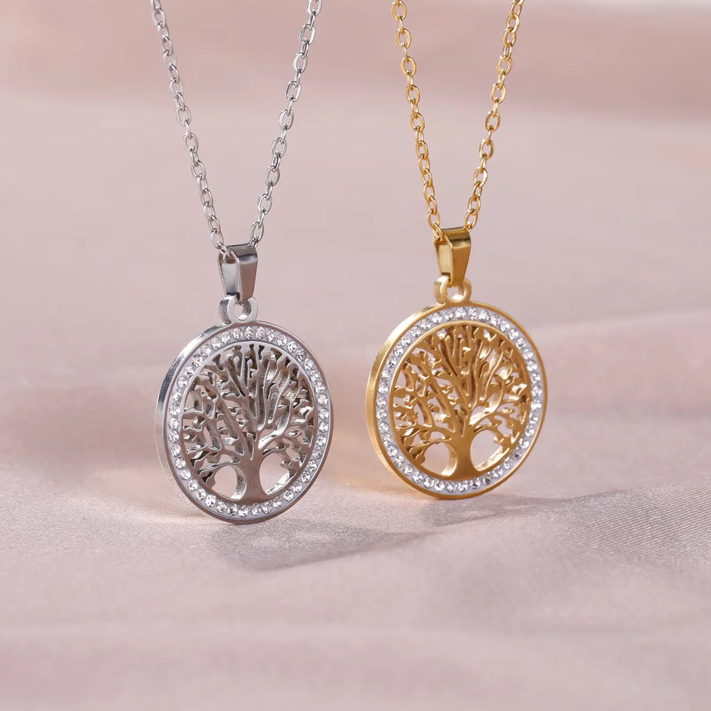 Skyrim Tree of Life Necklace for WomenStainless Steel Gold Color Clear ZirconRound Pendant Neck Chains LuxuryWedding Gift