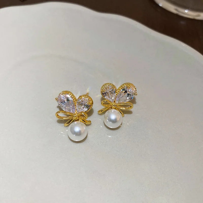 Women's White Bowknot Pearl Tassel Dangle Earrings