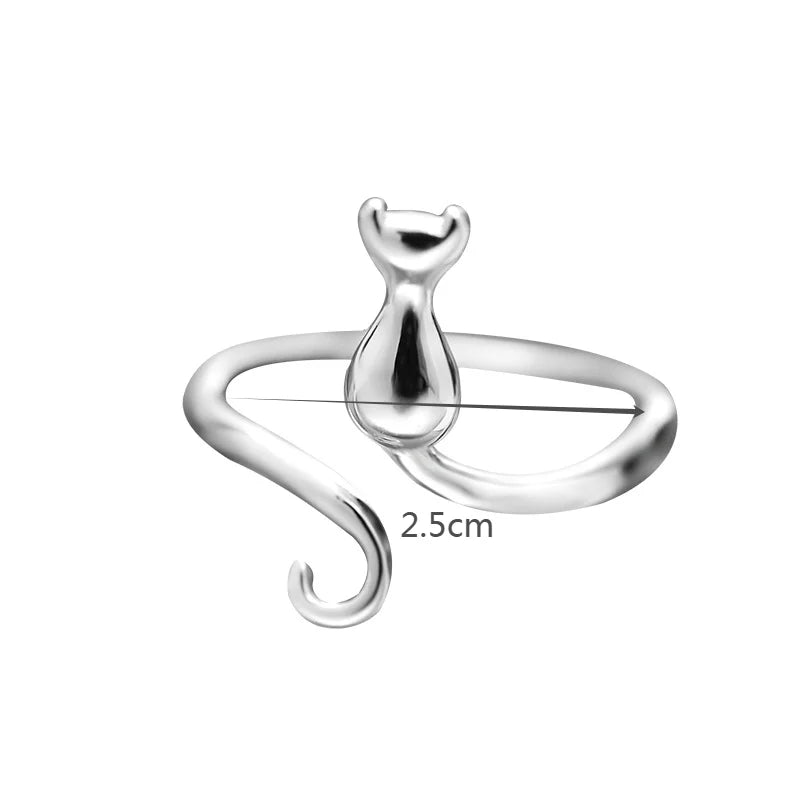 Simple Cute Cat Shaped Open Ring Chic Silver Color Adjustable Ring For Women Lovely Daily Wear Jewelry