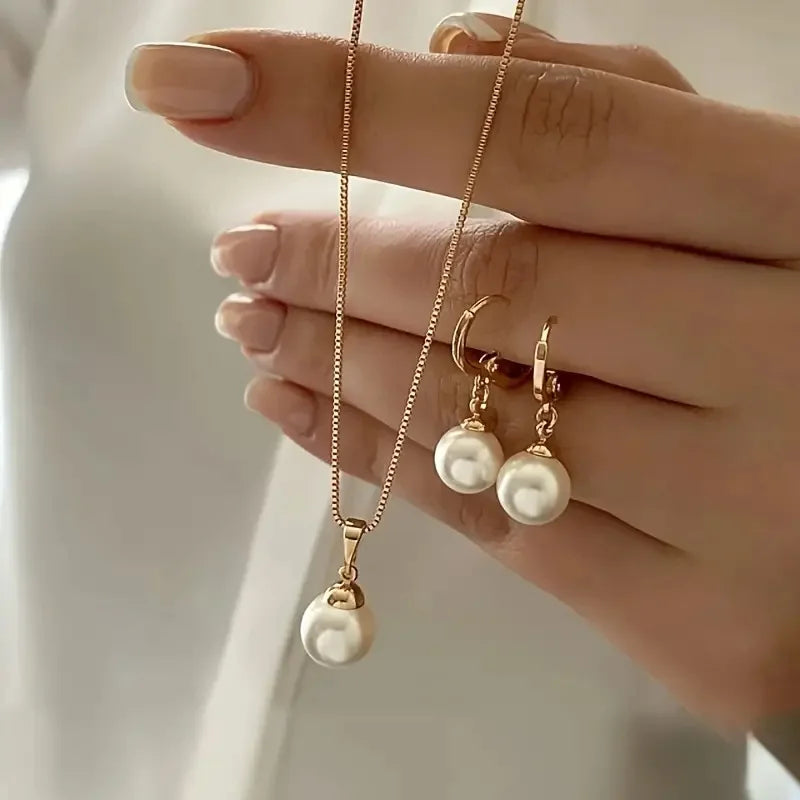 LATS 3 Pcs/Set Round Pearl Pendant Necklace For Women Exquisite Fashion Rhinestone Double  Earring Wedding Jewelry Set Gift