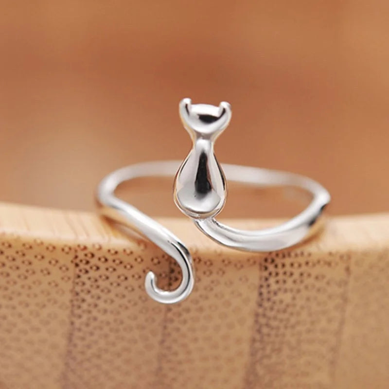 Simple Cute Cat Shaped Open Ring Chic Silver Color Adjustable Ring For Women Lovely Daily Wear Jewelry