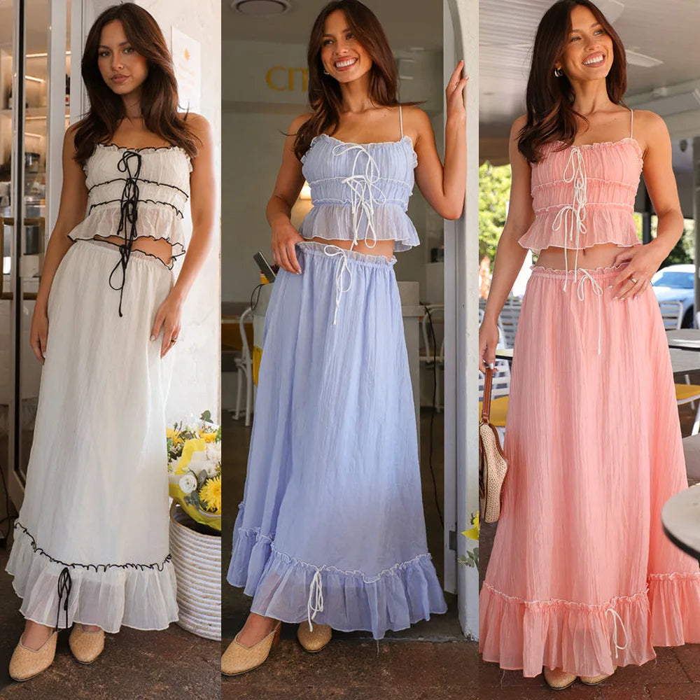 Bow Pleated Halter Top & Skirt Set