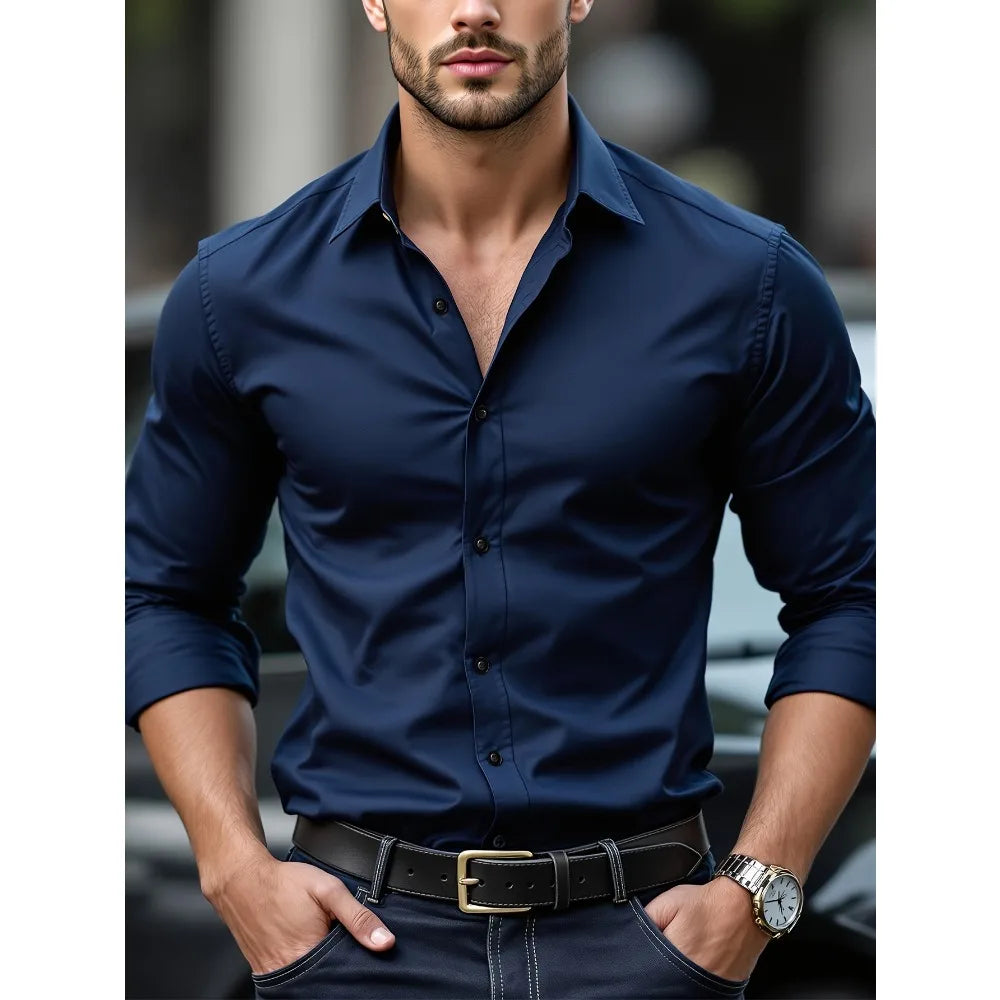 Elastic Fabric Long Sleeve Solid Shirt