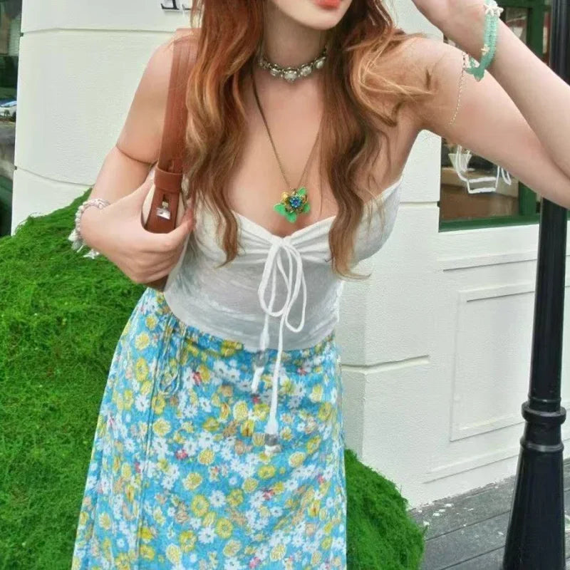 Floral Lace-Up Halter Cami