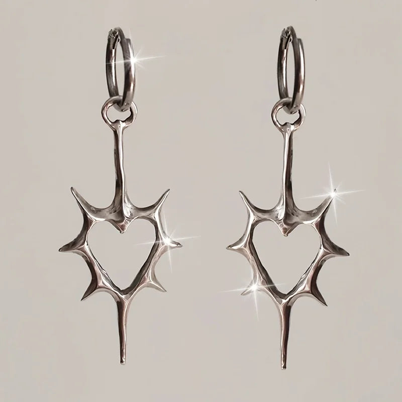 Retro Gothic Thorn Heart Spike Drop Earrings