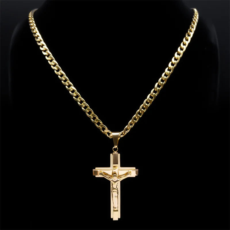 Fashion personality Cross Religious Pendant Men's Faith Stainless steel Gold plated Cross Necklace Punk Jewelry Accessories