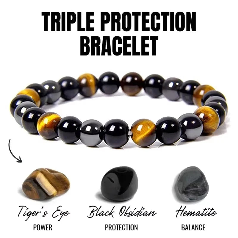 Natural Obsidian Hematite Tiger Eye Beaded Bracelet