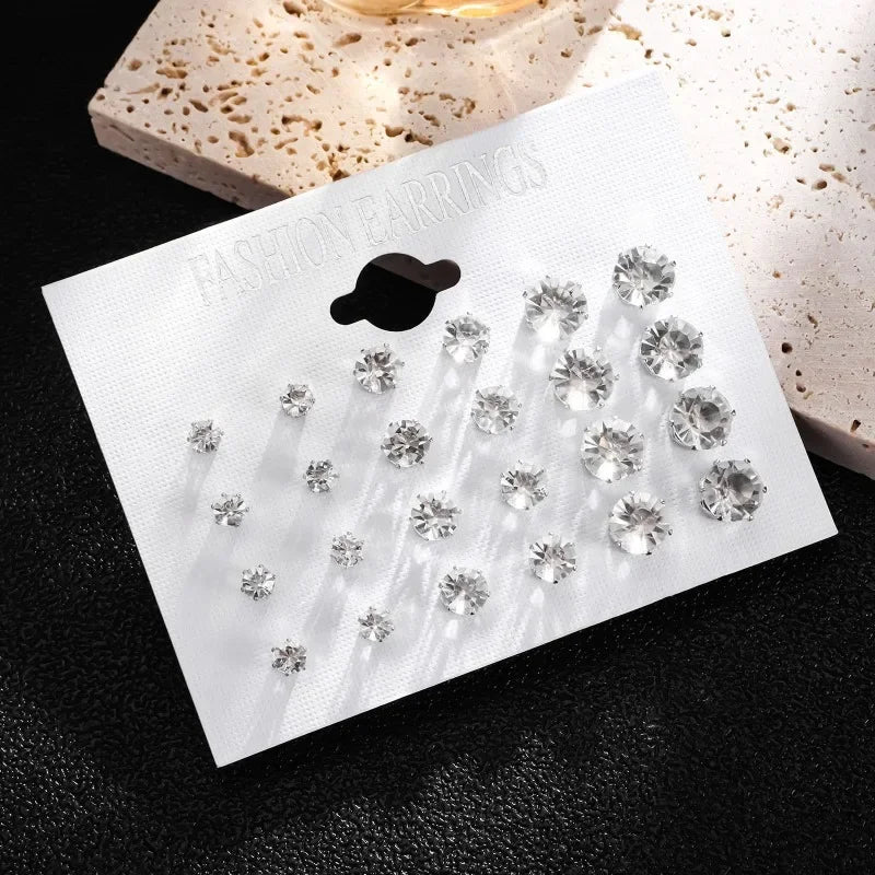 12-Pair White Crystal Wedding Stud Earrings Set