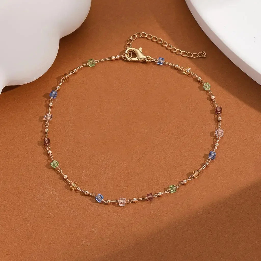 Kinitial Sweet Colorful Crystal Anklets For Women Link Chain Boho Foot Chain Barefoot Ankle Bracelet Jewelry