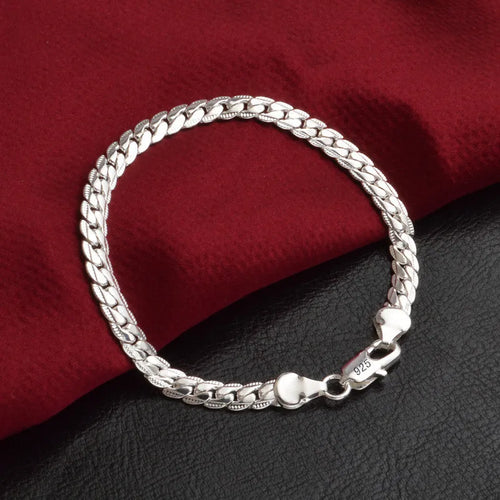 925 Sterling Silver Bracelet 6mm 18/20cm Flat Side Chain Lobster Clasp For Woman Man Wedding Engagement Jewelry